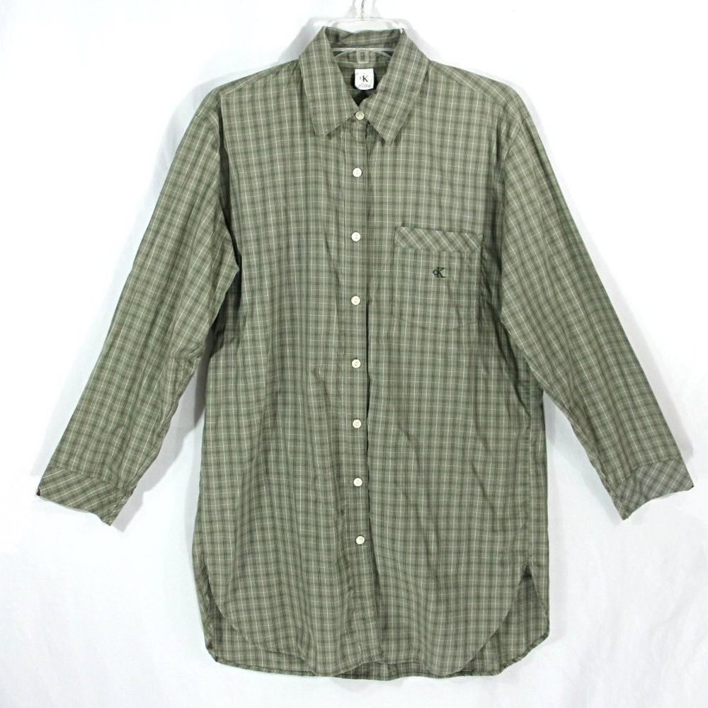 Vintage CK Calvin Klein Mens Plaid Long Sleeve Cotton Button Down Shirt Long Y2K